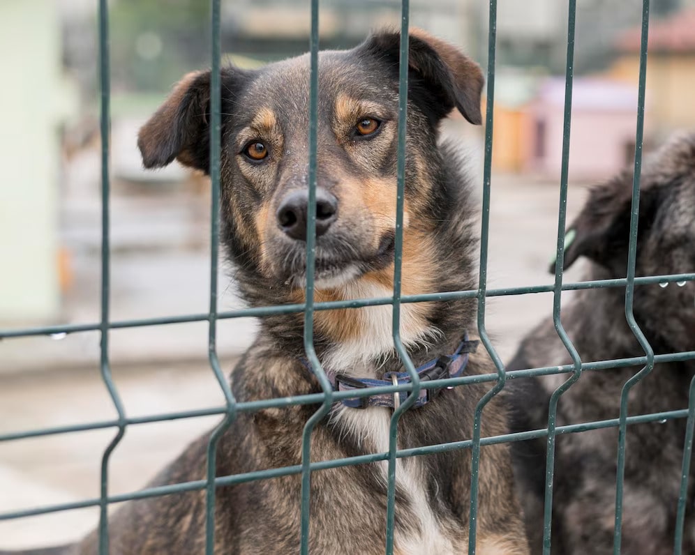 Adorable curious dog behind shelter's fence