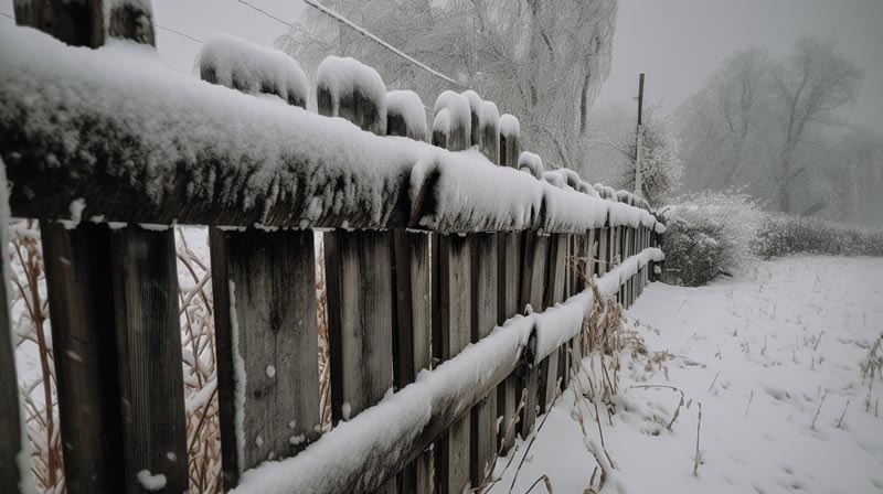 An image of a wooden fence under a snow